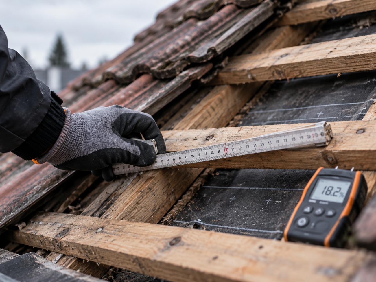 Hand mit Zollstock misst die Dachlattung, daneben ein Feuchtemessgerät