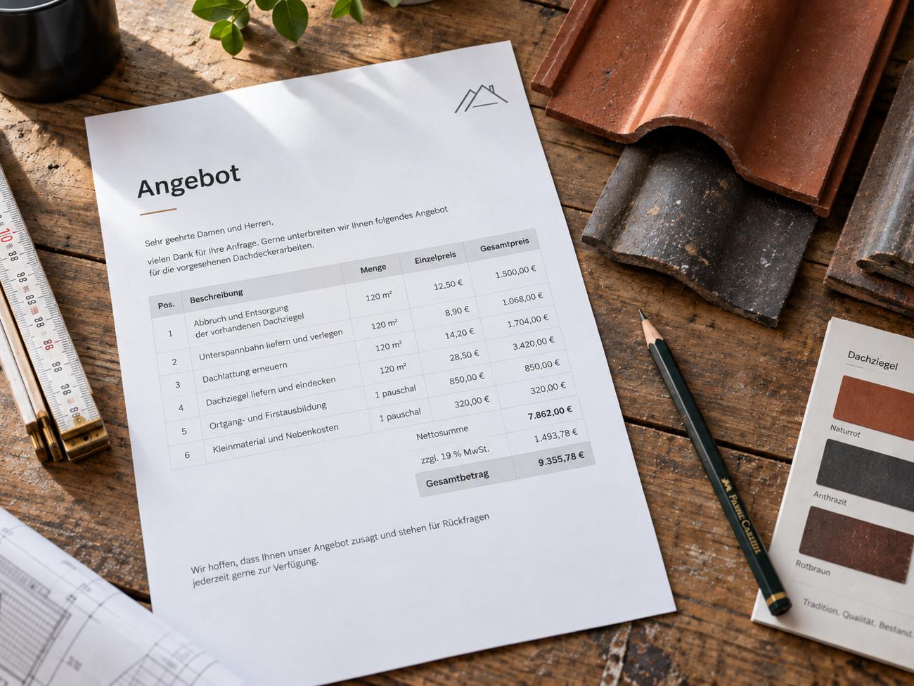 Schriftliches Angebot mit Positionen auf einer Werkbank, daneben Ziegelmuster und Farbkarte