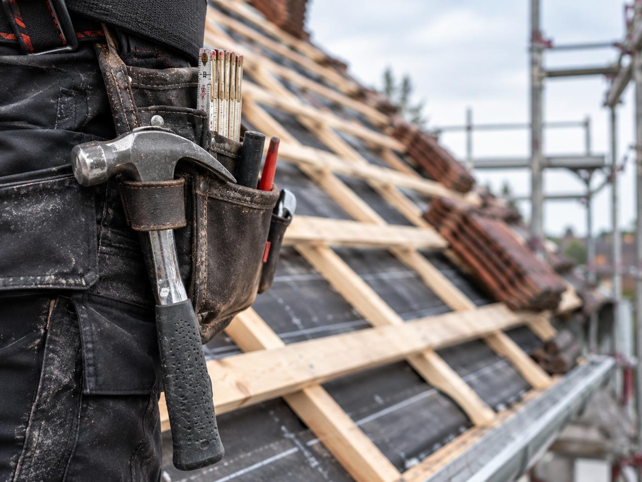 Werkzeuggürtel mit Hammer und Zollstock vor einer offenen Dachfläche mit neuer Lattung