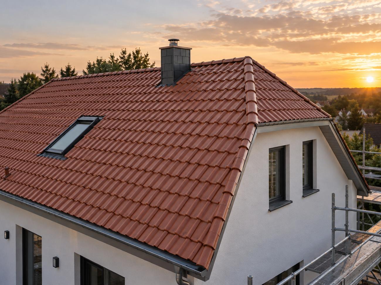 Fertig eingedecktes Satteldach mit Dachfenster und Schornstein im Abendlicht
