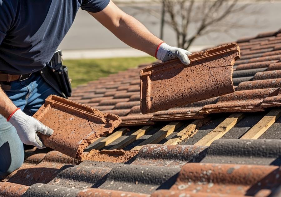 Dachdecker tauscht einen gebrochenen Dachziegel aus, darunter die freigelegte Lattung