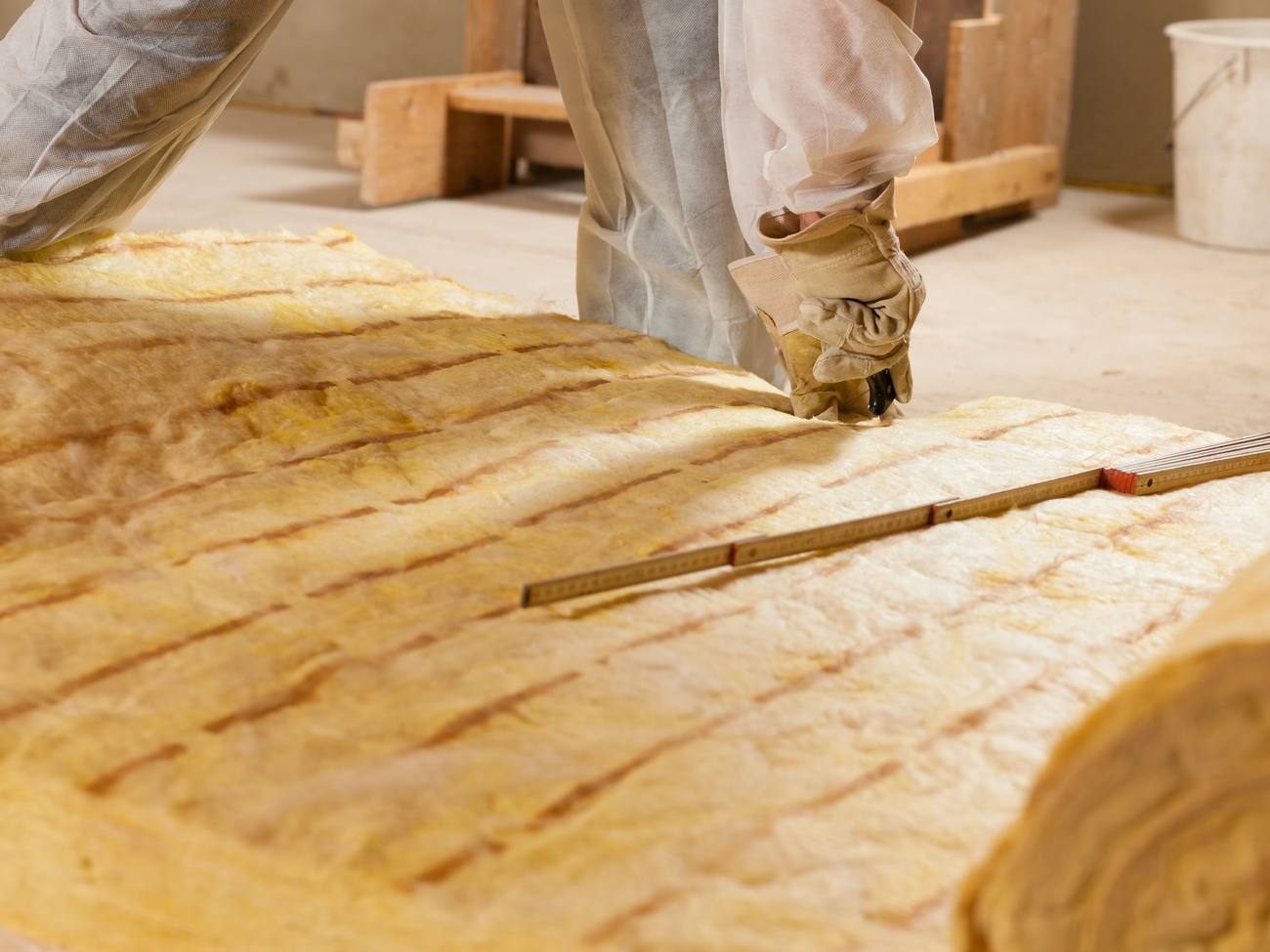 Handwerker schneidet eine Mineralwollmatte für die Dämmung zu